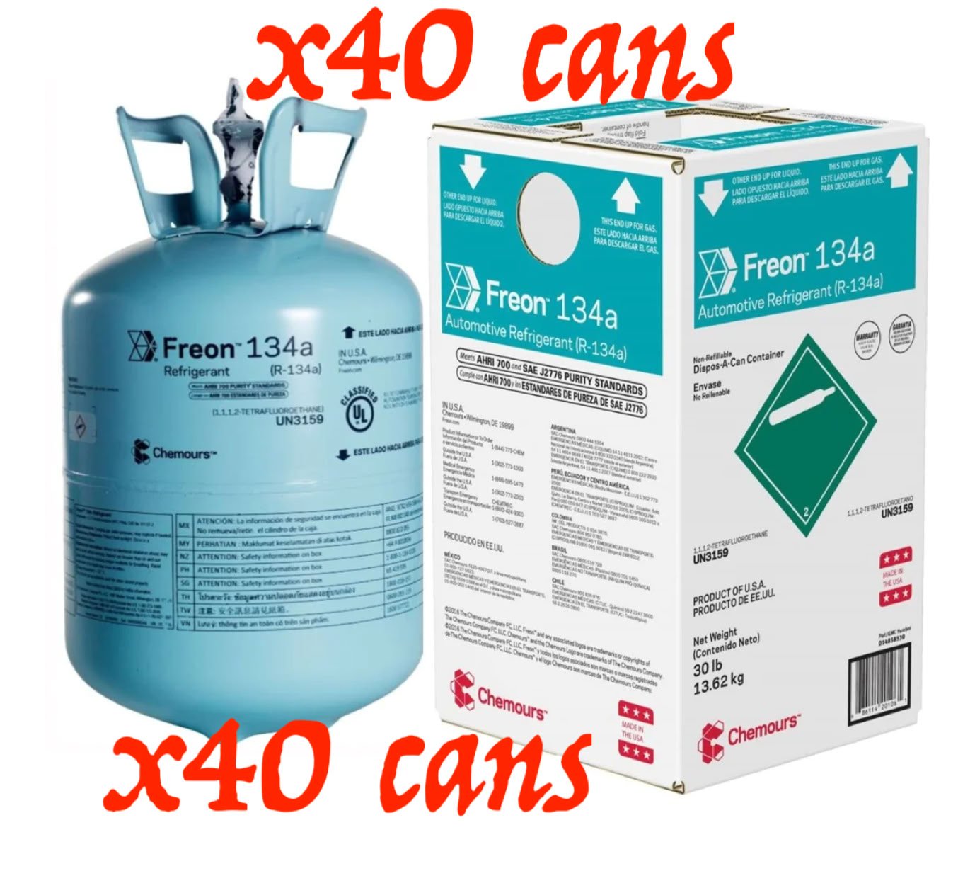A blue Freon 134a canister next to a white box with similar labeling, both labeled "x40 cans" in red text.