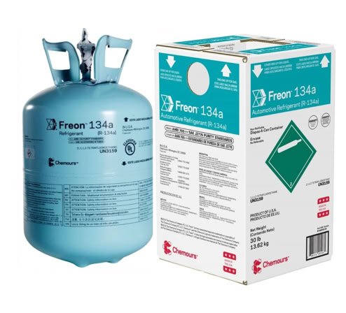 A blue Freon 134a refrigerant cylinder next to a white and blue box with text and symbols.